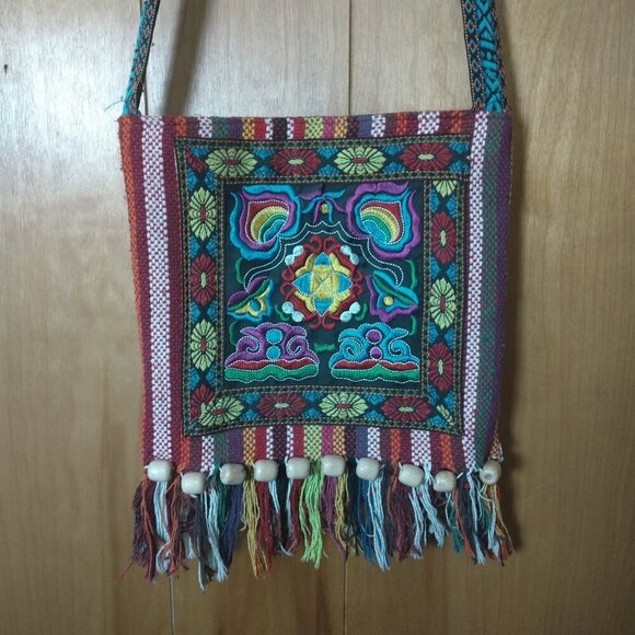 Boho Hippie Embroidered Beads Fringe Textile Cross-Body Purse Bag Multicolored - Picture 2 of 9